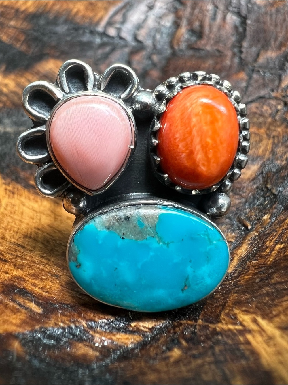Sterling Silver Multi Stone Ring Size 9 Kingman Turquoise Spiny Oyster Conch